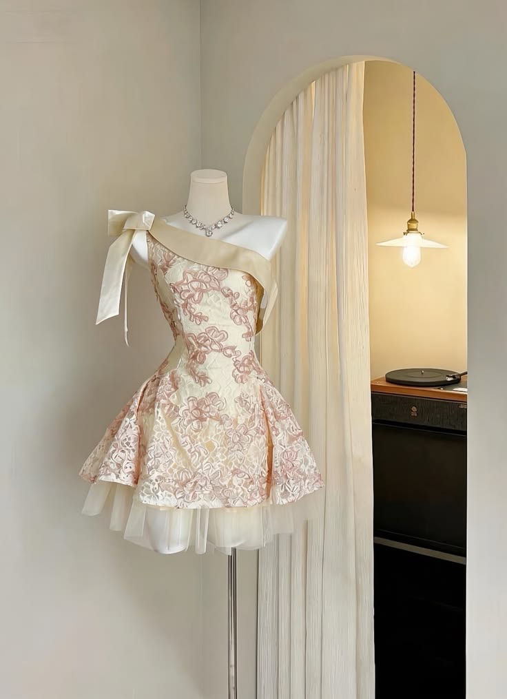 Regal Blush Pink One-Shoulder Floral Lace A-Line Short Homecoming Dress With Tulle Underskirt AS821