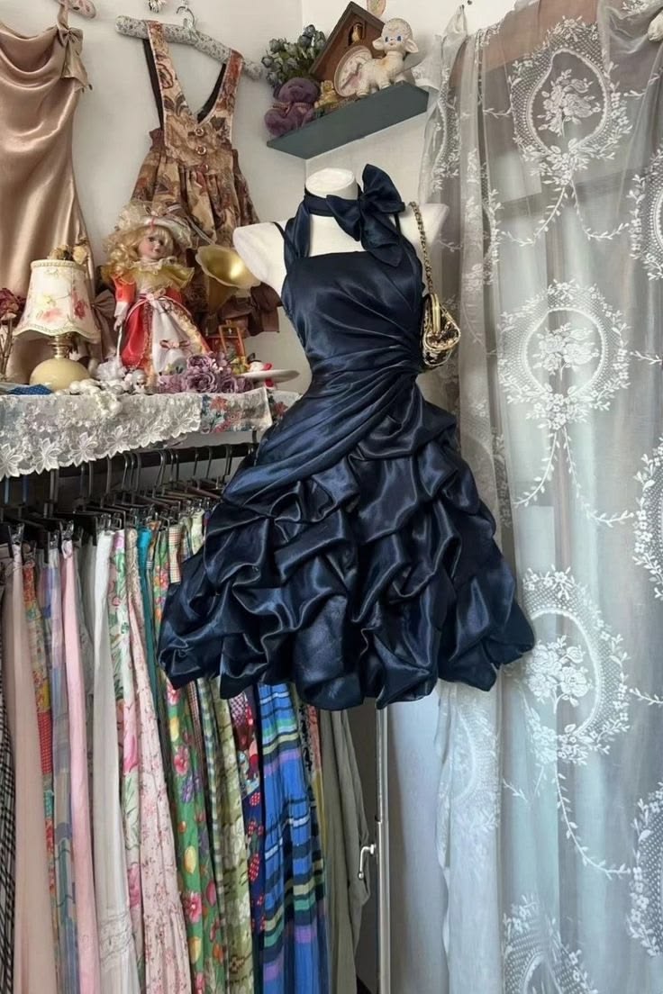 Enchanting Navy Blue Satin Halter A-Line Short Homecoming Dress With Bow Detail And Voluminous Ruched Skirt AS822
