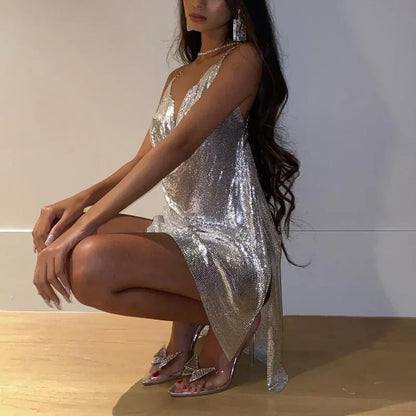 Chic Silver Metal Mesh Cowl Neck Spaghetti Straps Sheath Mini Homecoming Dress With Open Back AS824