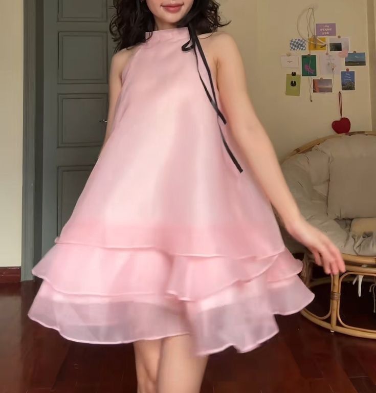 Whimsical Light Pink Organza Halter Neck A-Line Short Homecoming Dress With Black Ribbon Detail And Tiered Ruffle Skirt AS825