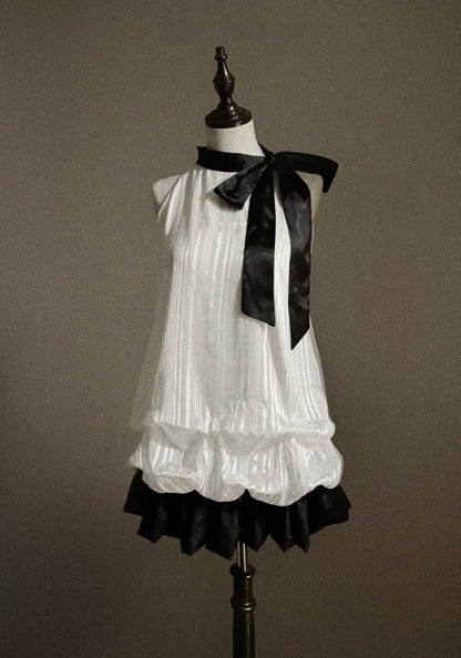Vintage White Halter Polka Dot Chiffon A Line Short Homecoming Dress With Black Bow And Tiered Ruffle Skirt AS826