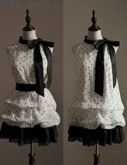Vintage White Halter Polka Dot Chiffon A Line Short Homecoming Dress With Black Bow And Tiered Ruffle Skirt AS826