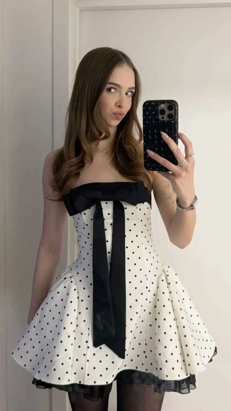 Whimsical White Polka Dot Strapless Corset A Line Homecoming Dress With Black Bow AS827