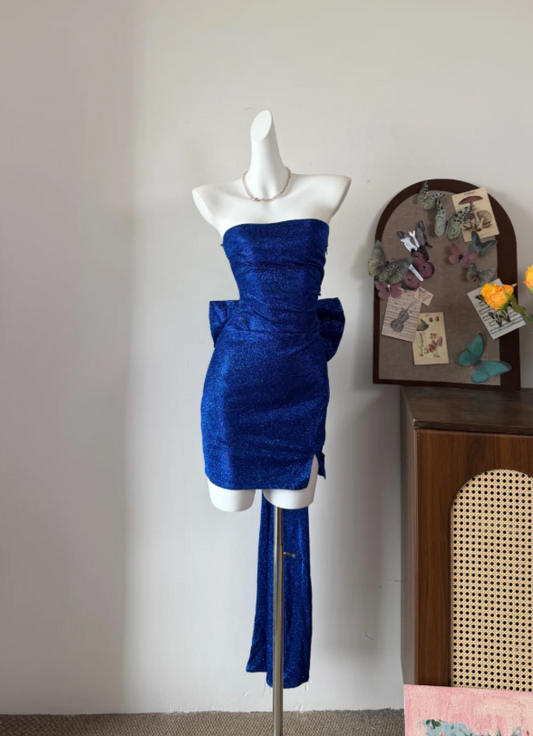 Chic Royal Blue Glitter Strapless Bodycon Mini Homecoming Dress With Back Oversized Bow AS829
