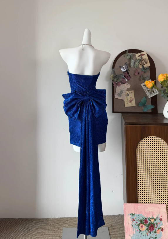 Chic Royal Blue Glitter Strapless Bodycon Mini Homecoming Dress With Back Oversized Bow AS829