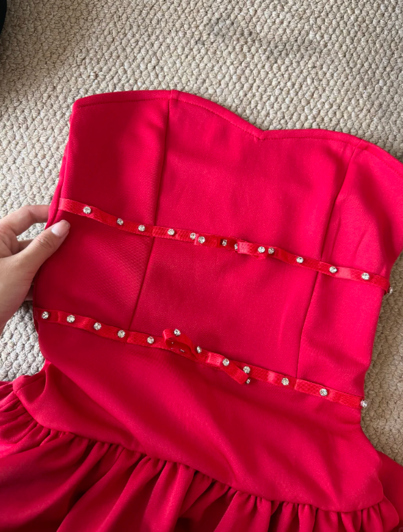Charming Red Strapless A Line Mini Homecoming Dress With Double Bow And Rhinestone Details AS830