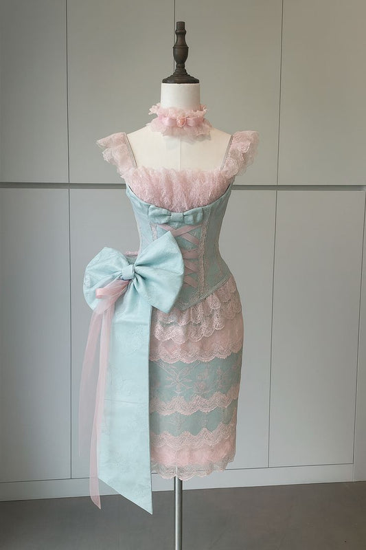 Whimsical Rococo-Inspired Light Blue & Pink Straps Corset Midi Bodycon Homecoming Dress With Oversized Bow And Layered Lace Skirt AS831