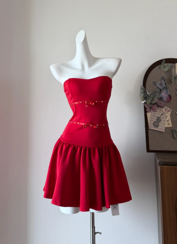 Charming Red Strapless A Line Mini Homecoming Dress With Double Bow And Rhinestone Details AS830