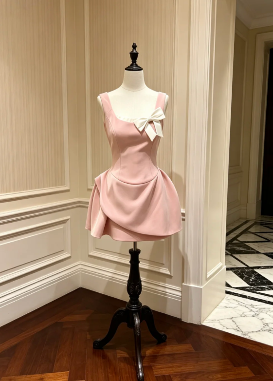 Charming Pink Straps A Line Short Homecoming Dress With White Bow And Structured Skirt AS833
