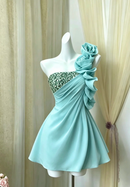 Whimsical Mint Green One-Shoulder A Line Short Homecoming Dress With Beaded Bodice And Floral Ruffle AS834