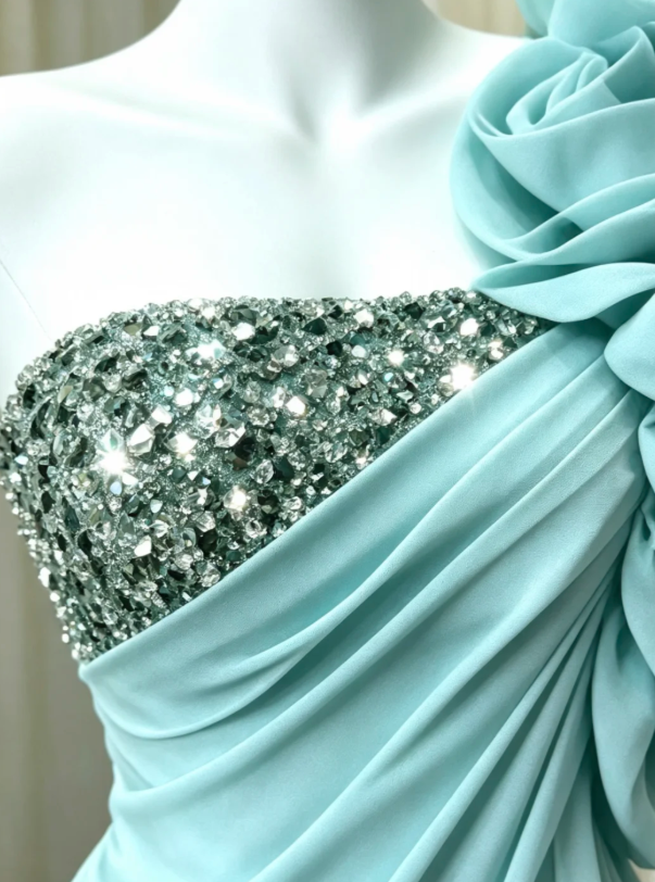 Whimsical Mint Green One-Shoulder A Line Short Homecoming Dress With Beaded Bodice And Floral Ruffle AS834
