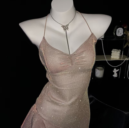 Chic Champagne Gold Spaghetti Straps Glitter Open Back and Tie Short Bodycon Homecoming Dress With Asymmetrical Ruffled Hem AS835