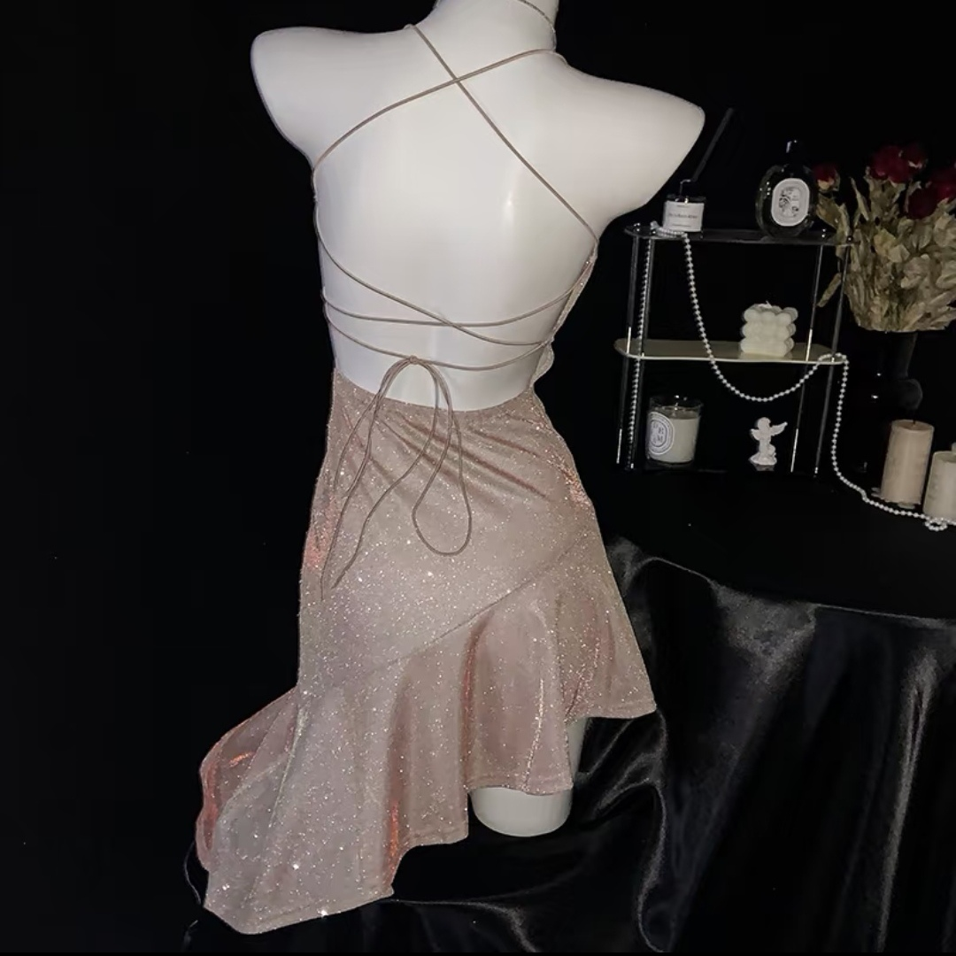 Chic Champagne Gold Spaghetti Straps Glitter Open Back and Tie Short Bodycon Homecoming Dress With Asymmetrical Ruffled Hem AS835
