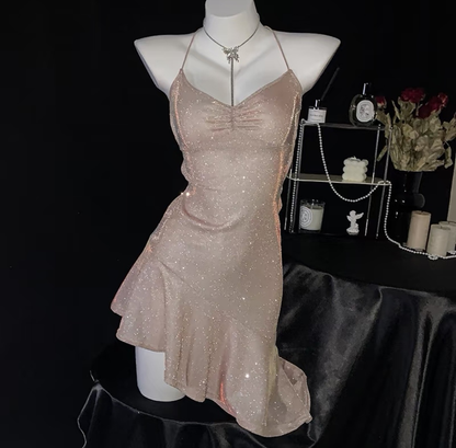 Chic Champagne Gold Spaghetti Straps Glitter Open Back and Tie Short Bodycon Homecoming Dress With Asymmetrical Ruffled Hem AS835