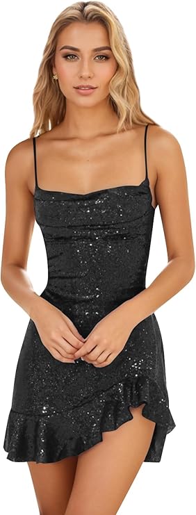 Glimmering Royal Blue Spaghetti Straps Sequin Bodycon Mini Homecoming Dress With Asymmetrical Ruffle Hem AS836