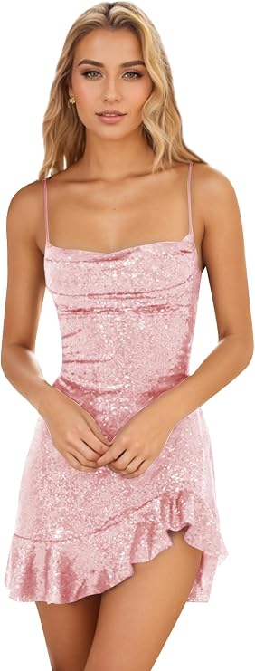Glimmering Royal Blue Spaghetti Straps Sequin Bodycon Mini Homecoming Dress With Asymmetrical Ruffle Hem AS836