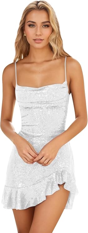 Glimmering Royal Blue Spaghetti Straps Sequin Bodycon Mini Homecoming Dress With Asymmetrical Ruffle Hem AS836