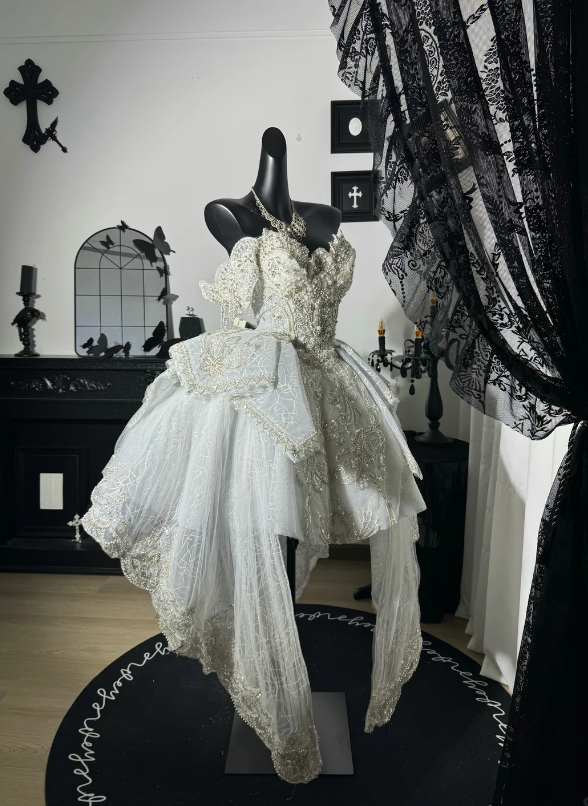 Opulent White Off Shoulder Beaded Lace Short A Line Homecoming Dress With High Low Tulle Skirt AS837