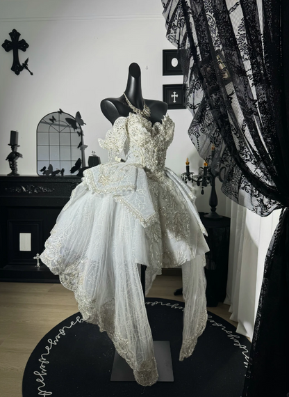 Opulent White Off Shoulder Beaded Lace Short A Line Homecoming Dress With High Low Tulle Skirt AS837