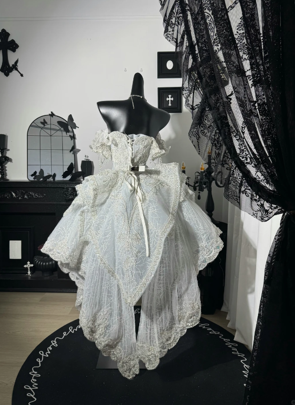 Opulent White Off Shoulder Beaded Lace Short A Line Homecoming Dress With High Low Tulle Skirt AS837