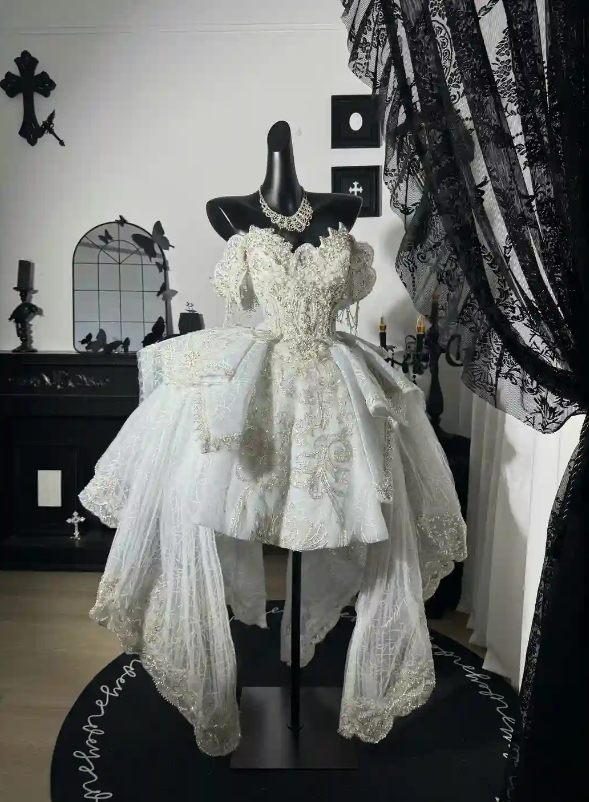 Opulent White Off Shoulder Beaded Lace Short A Line Homecoming Dress With High Low Tulle Skirt AS837