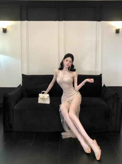 Radiant Champagne Sweatheart Neck Bodycon Homecoming Dress With Mini Liner And Sheer High Slit Beading Lace Tulle Overlay AS838