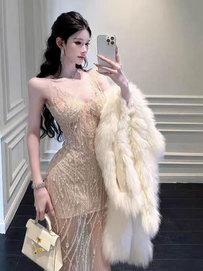 Radiant Champagne Sweatheart Neck Bodycon Homecoming Dress With Mini Liner And Sheer High Slit Beading Lace Tulle Overlay AS838