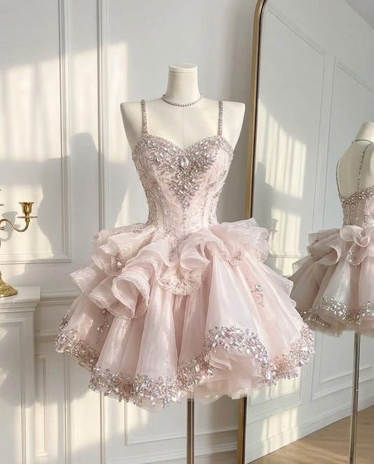 Sparkling Light Pink Spaghetti Straps Beaded A Line Mini Homecoming Dress With Ruffle Organza Skirt Beaded Hem Trim AS839