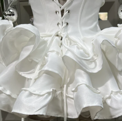 Minimal White Halter Waist Satin Bow Layer Ruffle Hem A Line Mini Homecoming Dress AS841