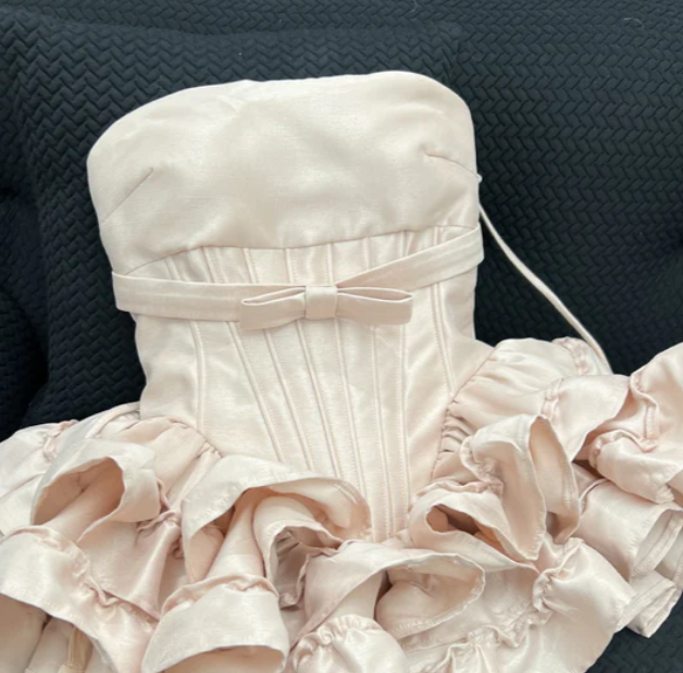 Minimal White Halter Waist Satin Bow Layer Ruffle Hem A Line Mini Homecoming Dress AS841