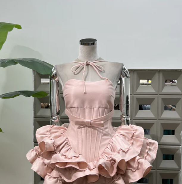 Minimal White Halter Waist Satin Bow Layer Ruffle Hem A Line Mini Homecoming Dress AS841