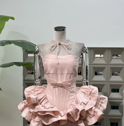 Minimal White Halter Waist Satin Bow Layer Ruffle Hem A Line Mini Homecoming Dress AS841