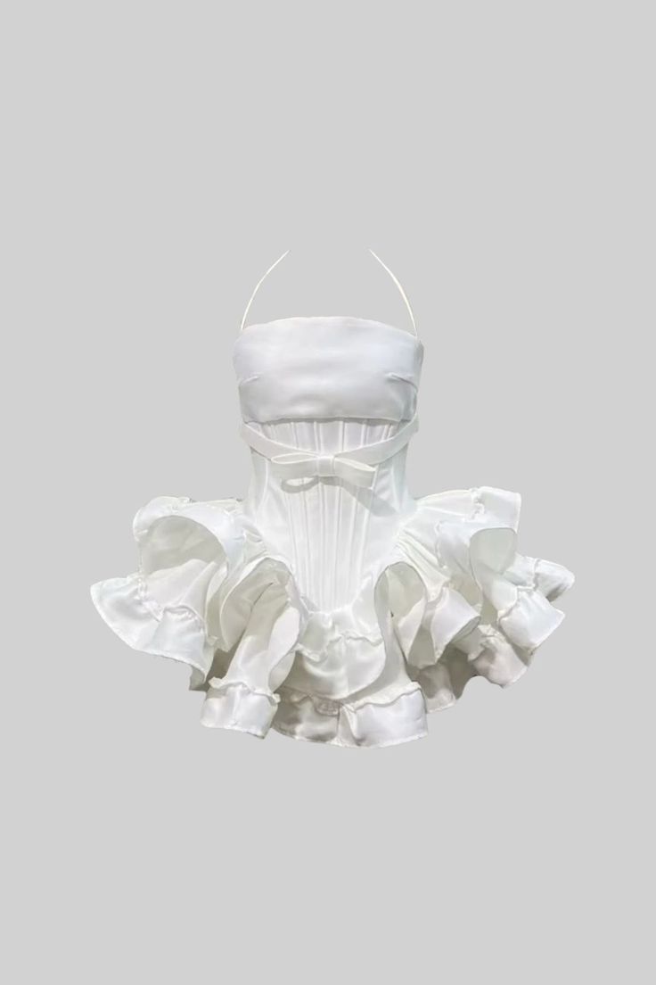 Minimal White Halter Waist Satin Bow Layer Ruffle Hem A Line Mini Homecoming Dress AS841