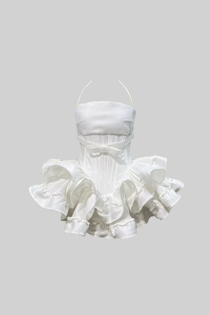 Minimal White Halter Waist Satin Bow Layer Ruffle Hem A Line Mini Homecoming Dress AS841