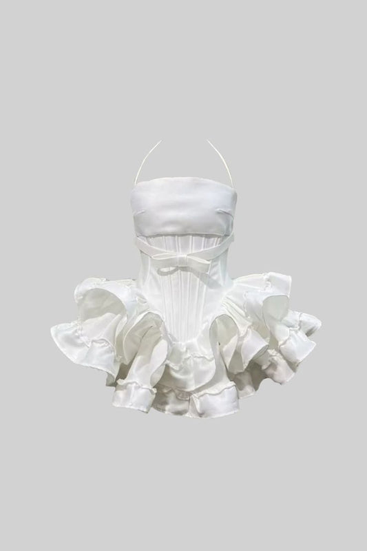Minimal White Halter Waist Satin Bow Layer Ruffle Hem A Line Mini Homecoming Dress AS841