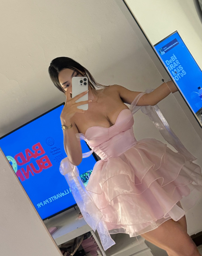 Luminous Blush Pink Off Shoulder Mini A Line Homecoming Dress With Bow Straps And Multi-Layer Organza Ruffle Homecoming Gown AS842