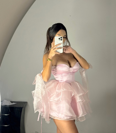 Luminous Blush Pink Off Shoulder Mini A Line Homecoming Dress With Bow Straps And Multi-Layer Organza Ruffle Homecoming Gown AS842