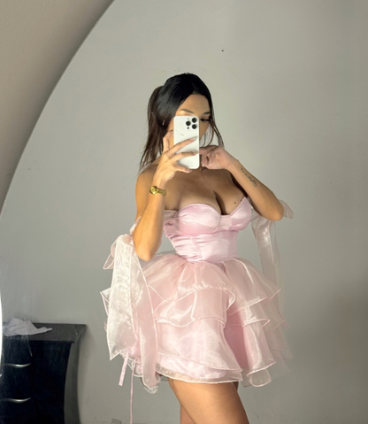 Luminous Blush Pink Off Shoulder Mini A Line Homecoming Dress With Bow Straps And Multi-Layer Organza Ruffle Homecoming Gown AS842