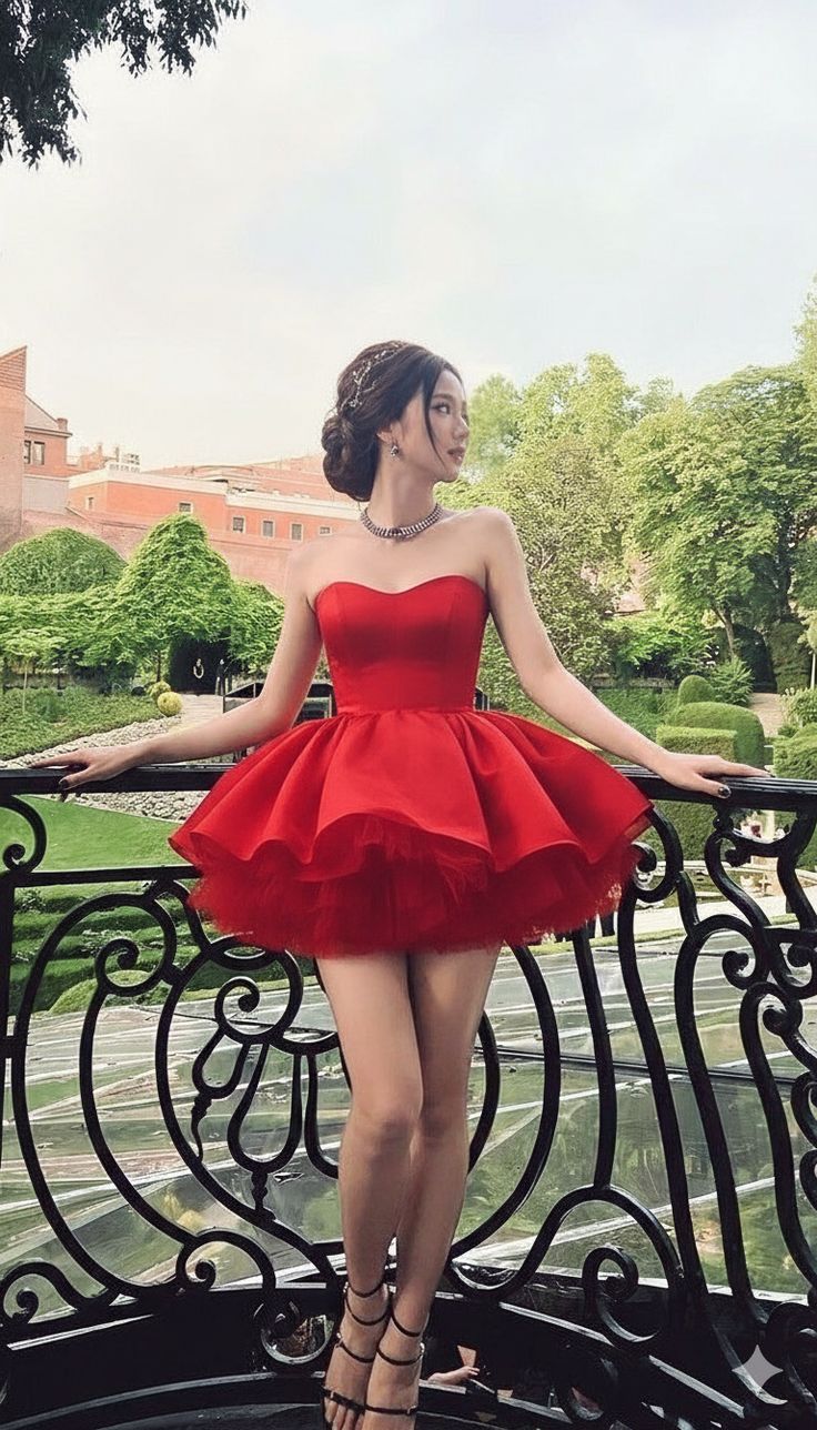Vivid Glam Fire Red Strapless Mini A Line Homecoming Dress With Satin Overlay Tulle Lining Flared Bubble Skirt AS843
