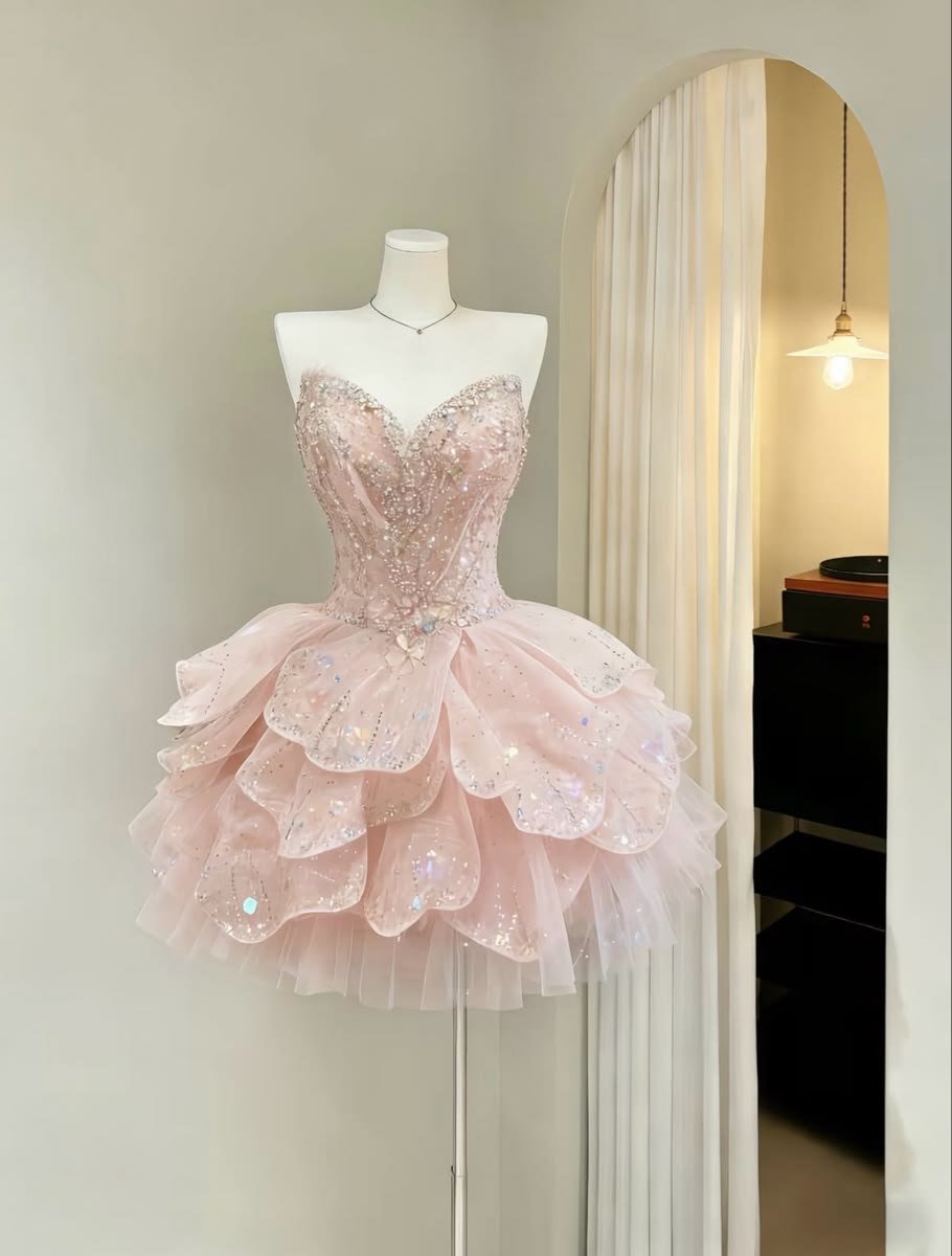 Sparkling Light Pink Strapless Sweetheart Beaded Sequin Mini A Line Homecoming Dress With Multi-Tier Petal Bubble Skirt AS844