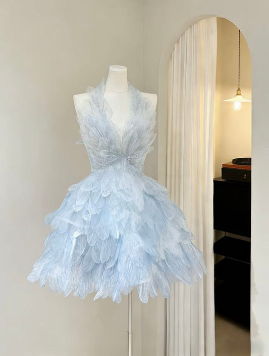 Ethereal Sky Light Sky Blue Halter Deep V Sequin Mini A Line Homecoming Dress With Multi-Tier Floating Feather Leaf Organza Skirt AS845
