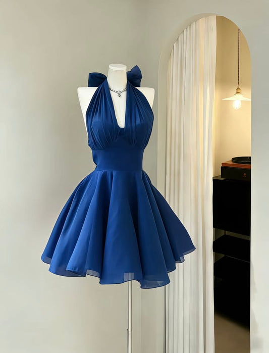 Regal Royal Blue Halter Deep V Ruched Satin Bodice Mini A Line Homecoming Dress With Back Bow AS846