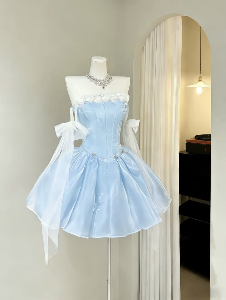 Delicate Sky Light Blue Off Shoulder Corset Mini A Line Homecoming Dress With White Ruffle And Beaded Waist AS848