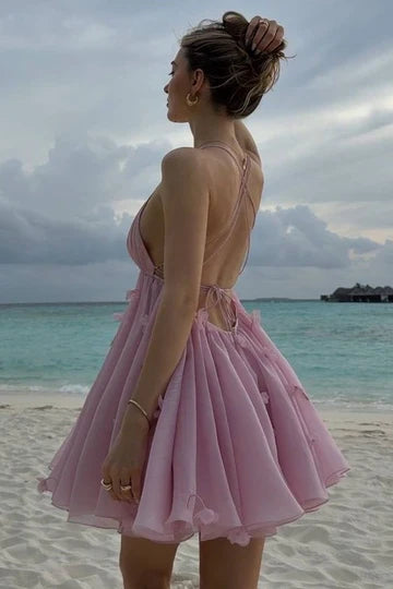 Cute Pink Spaghetti Straps Deep V-Neck A-Line Appliques Short Homecoming Dress AS851