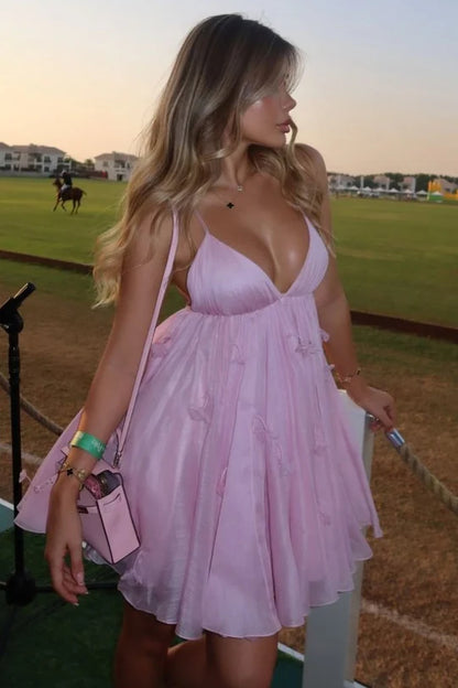 Cute Pink Spaghetti Straps Deep V-Neck A-Line Appliques Short Homecoming Dress AS851