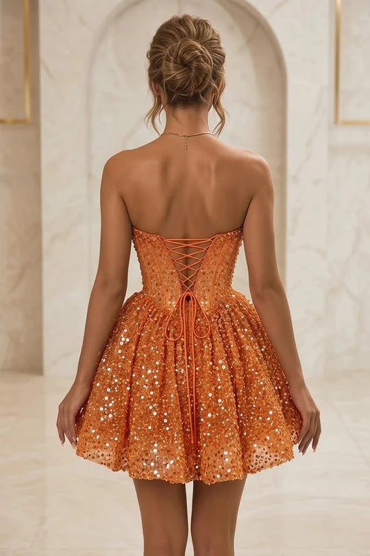 Vibrant Orange Strapless Sweetheart Sequin Short A Line Homecoming Dress AS853