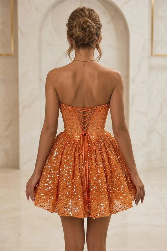 Vibrant Orange Strapless Sweetheart Sequin Short A Line Homecoming Dress AS853