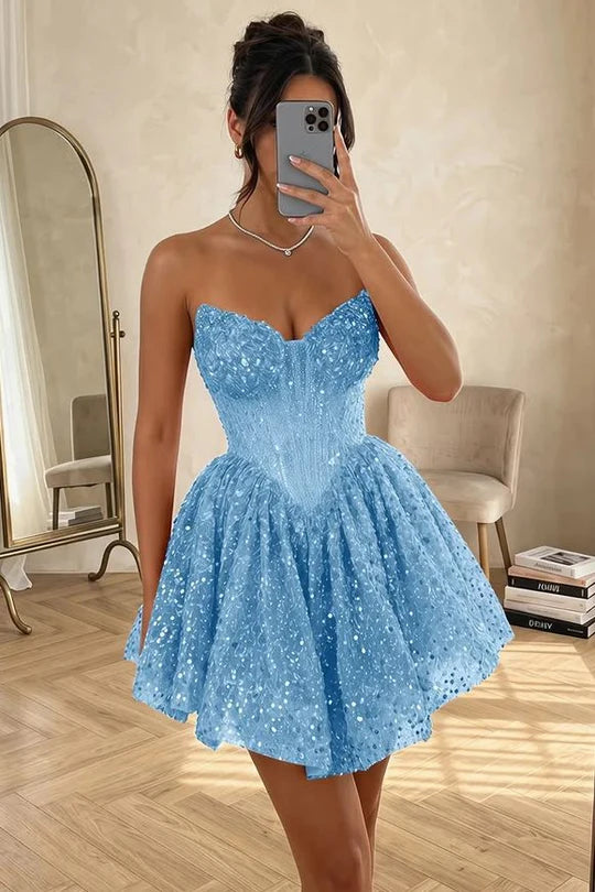 Vibrant Orange Strapless Sweetheart Sequin Short A Line Homecoming Dress AS853
