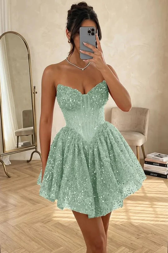Vibrant Orange Strapless Sweetheart Sequin Short A Line Homecoming Dress AS853
