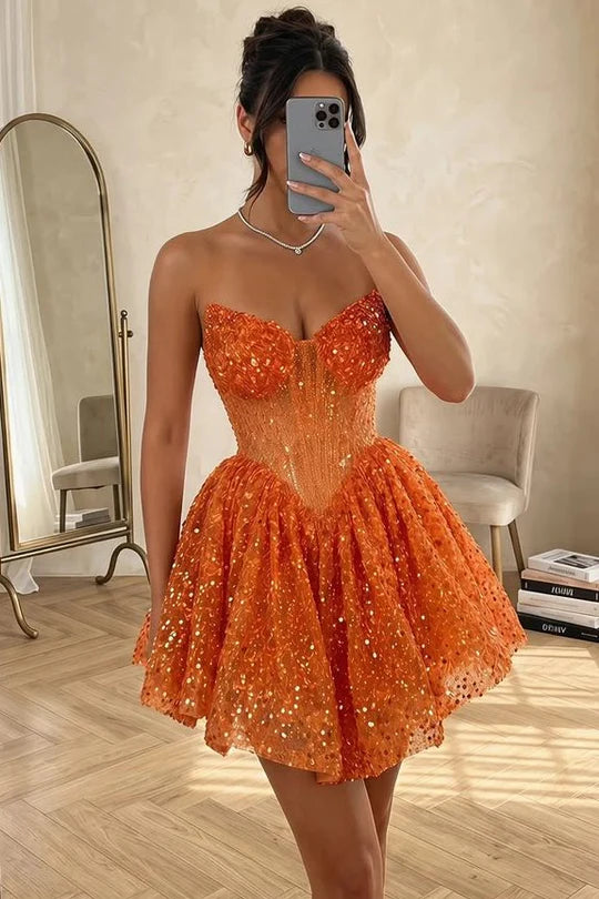 Vibrant Orange Strapless Sweetheart Sequin Short A Line Homecoming Dress AS853